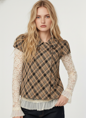 Peter Pan Collar Houndstooth & Polka Dot Button Short Sleeve Blouse