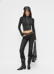 High Neck Striped Asymmetrical Zipper Metal Detail Long Sleeve Top