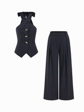 Stripe Halter Neck Twist Knot Top & High Rise Wide Leg Trousers Set