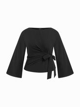 Boat Neck Stripe Knotted Bell Sleeve Blouse Curve & Plus