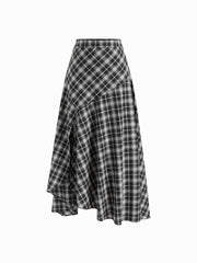 100% Cotton High Rise Asymmetrical Plaid A-Line Split Maxi Skirt