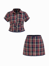 Cotton Plaid Blouse & Lace Trim Bowknot Mini Skirt Set Curve & Plus