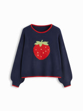 Knit Strawberry Pattern Contrasting Binding Round Neckline Long Sleeve Oversized Top Curve & Plus