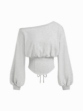 Cotton-blend Asymmetrical Neck Lace Up Lantern Sleeve Sweatshirt