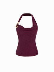 Halter Neck Glitter Metal Detail Backless Ruched Top