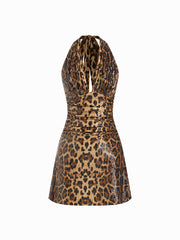 Sequin Leopard Halter Neck Backless A-line Mini Dress