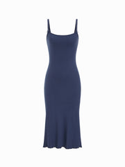 100% Cotton Textured Scoop Neck Bowknot Lettuce Hem Mermaid Midi Dress