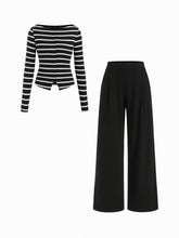 Boat Neck Striped Split Top & Mid Rise Wide Leg Trousers Set