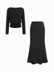 Recycled Cotton-blend Boat Neck Ruched Top & Mid Rise Maxi Skirt Set