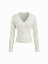Cable Knit Wool-blend V-neck Long Sleeve Top