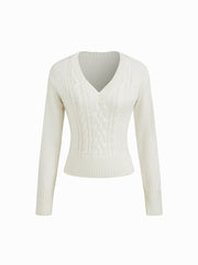 Cable Knit Wool-blend V-neck Long Sleeve Top