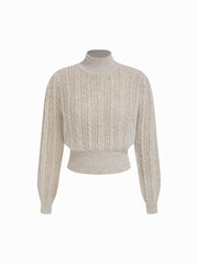 Wool-blend Cable Knit High Neck Solid Long Sleeve Top