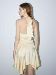 Satin Halter Neckline Ruched Asymmetrical Hem Mini Dress