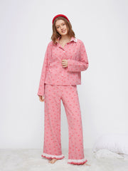 Cotton-blend Gingham Broderie Anglaise Oversized Top & High Rise Lettuce Trim Wide Leg Trousers Loungewear Set