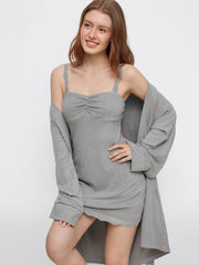 Lace Trim Robe With Belt & Square Neck Ruched Mini Nightdress Loungewear Set