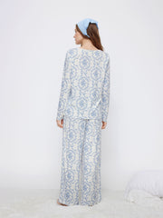 U-neckline Floral Lace Bowknot Top & Mid Rise Elastic Waist Wide Leg Trousers Loungewear Set