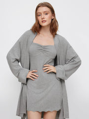 Lace Trim Robe With Belt & Square Neck Ruched Mini Nightdress Loungewear Set