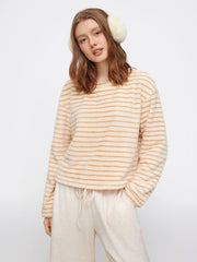 Fleece Striped Top & High Rise Drawstring Wide Leg Trousers Loungewear Set