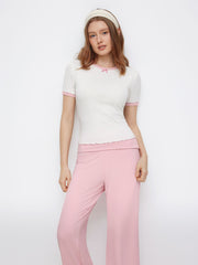 Round Neckline Lettuce Trim Bowknot Top & High Rise Straight Leg Trousers Loungewear Set