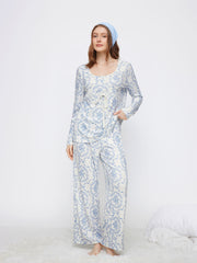 U-neckline Floral Lace Bowknot Top & Mid Rise Elastic Waist Wide Leg Trousers Loungewear Set