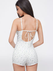 V-neck Ditsy Floral Bowknot Tie Back Loungewear Romper