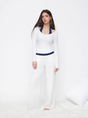 Cotton-blend Halter Neckline Two Tone Top & High Rise Straight Leg Trousers Loungewear Set