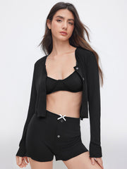 4 PCS Lettuce Trim Top & Mid Rise Bowknot Shorts Loungewear Set With Lingerie & Brief Set