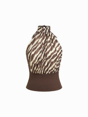 Chiffon Zebra Striped Halter Neckline Tie Back Backless Top