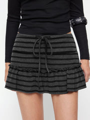 Mid Rise Striped Drawstring Lettuce Trim Peplum Mini Skort