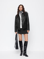 Faux Leather Collar Long Sleeve Button Oversized Shacket
