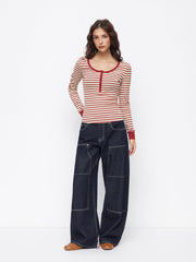 Cotton-blend Round Neckline Striped Contrasting Binding Long Sleeve Top