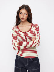 Cotton-blend Round Neckline Striped Contrasting Binding Long Sleeve Top