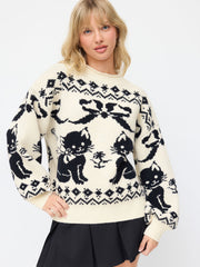 Knit Round Neck Cat & Bowknot Graphic Fair Isle Sweater