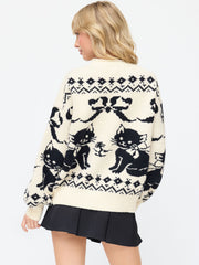 Knit Round Neck Cat & Bowknot Graphic Fair Isle Sweater