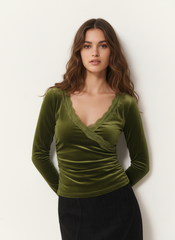 Velvet V-neck Solid Lace Ruched Long Sleeve Top