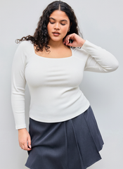 Square Neck Solid Long Sleeve Tee Curve & Plus