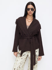 Fringed Wool-blend Knit Wrap Cardigan With Belt