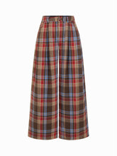 Cotton-blend Mid Rise Plaid Wide Leg Trousers