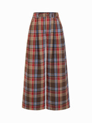 Cotton-blend Mid Rise Plaid Wide Leg Trousers