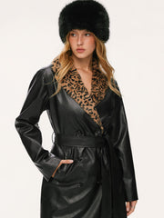 Faux Leather Leopard Faux Fur Trim Double Breasted Coat With Belt