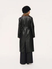 Faux Leather Leopard Faux Fur Trim Double Breasted Coat With Belt