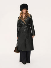 Faux Leather Leopard Faux Fur Trim Double Breasted Coat With Belt