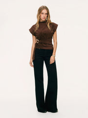 Suede Stand Collar Metal Detail Ruched Top