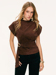 Suede Stand Collar Metal Detail Ruched Top
