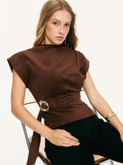 Suede Stand Collar Metal Detail Ruched Top