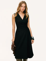 V-neck Wrap Pleated A-line Midi Dress