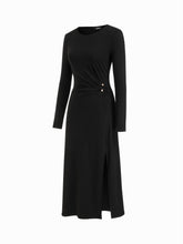 Round Neck Metal Detail Split Ruched Maxi Dress