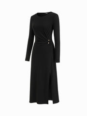 Round Neck Metal Detail Split Ruched Maxi Dress