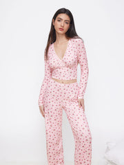 V-Neck Ditsy Floral Cropped Top & Mid Rise Straight Leg Trousers Loungewear Set