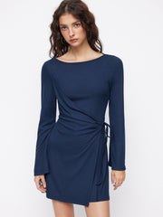 Boat Neck Wrap Ruched Knotted Bell Sleeve Mini Dress